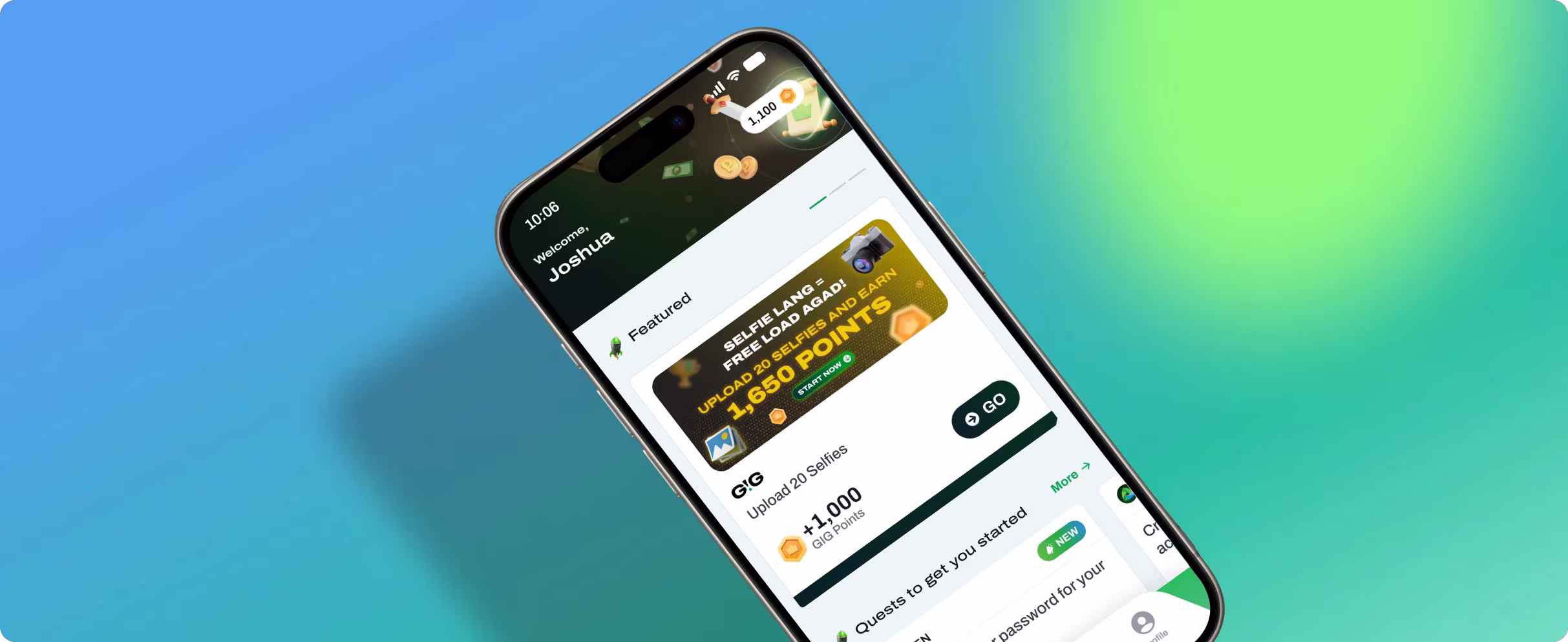 GIG mobile app UI showing a quest card