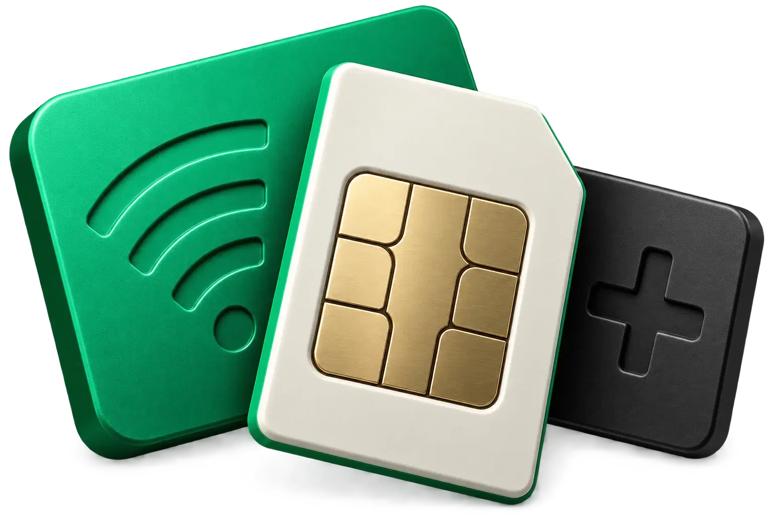 Sculptural emerald data voucher, ivory SIM card, and charcoal mobile top-up card
